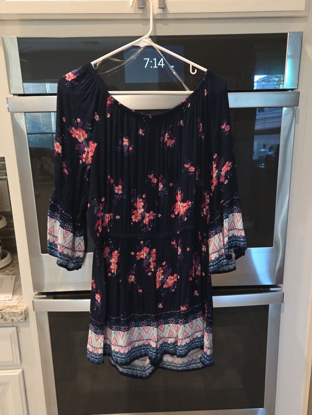 Navy Floral Off-Shoulder Boho Romper with Pink Flowers